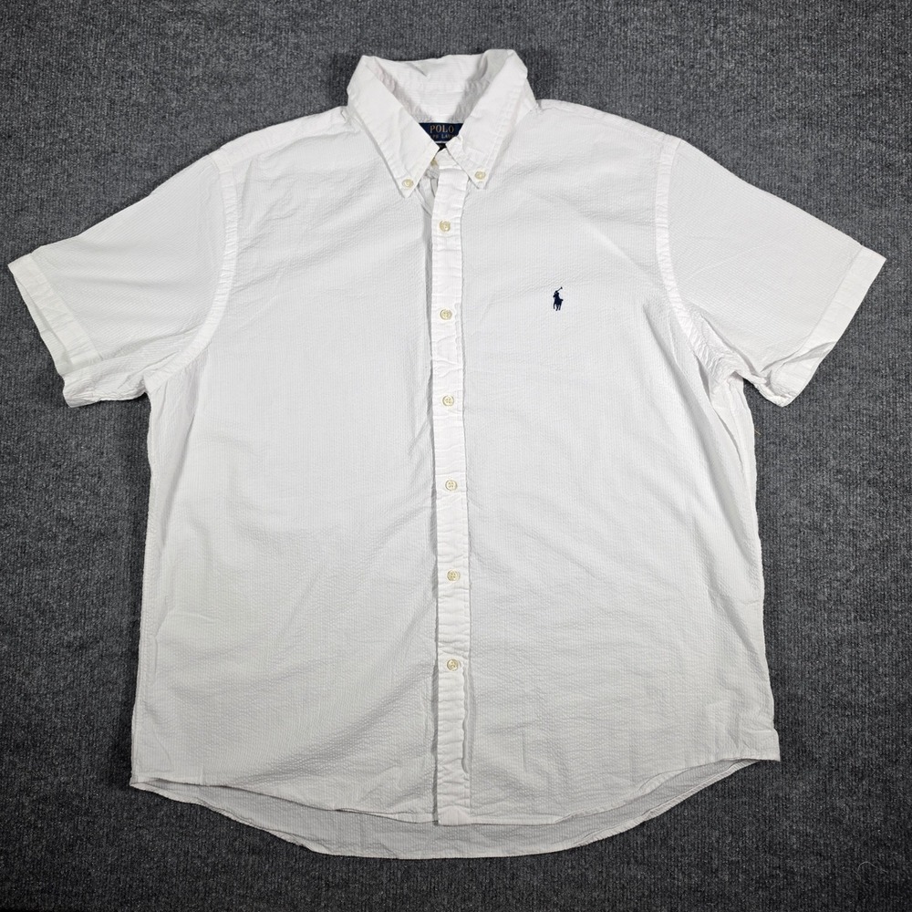 Polo Ralph Lauren Mens XXL White Seersucker Short Sleeve Button Down Shirt Logo